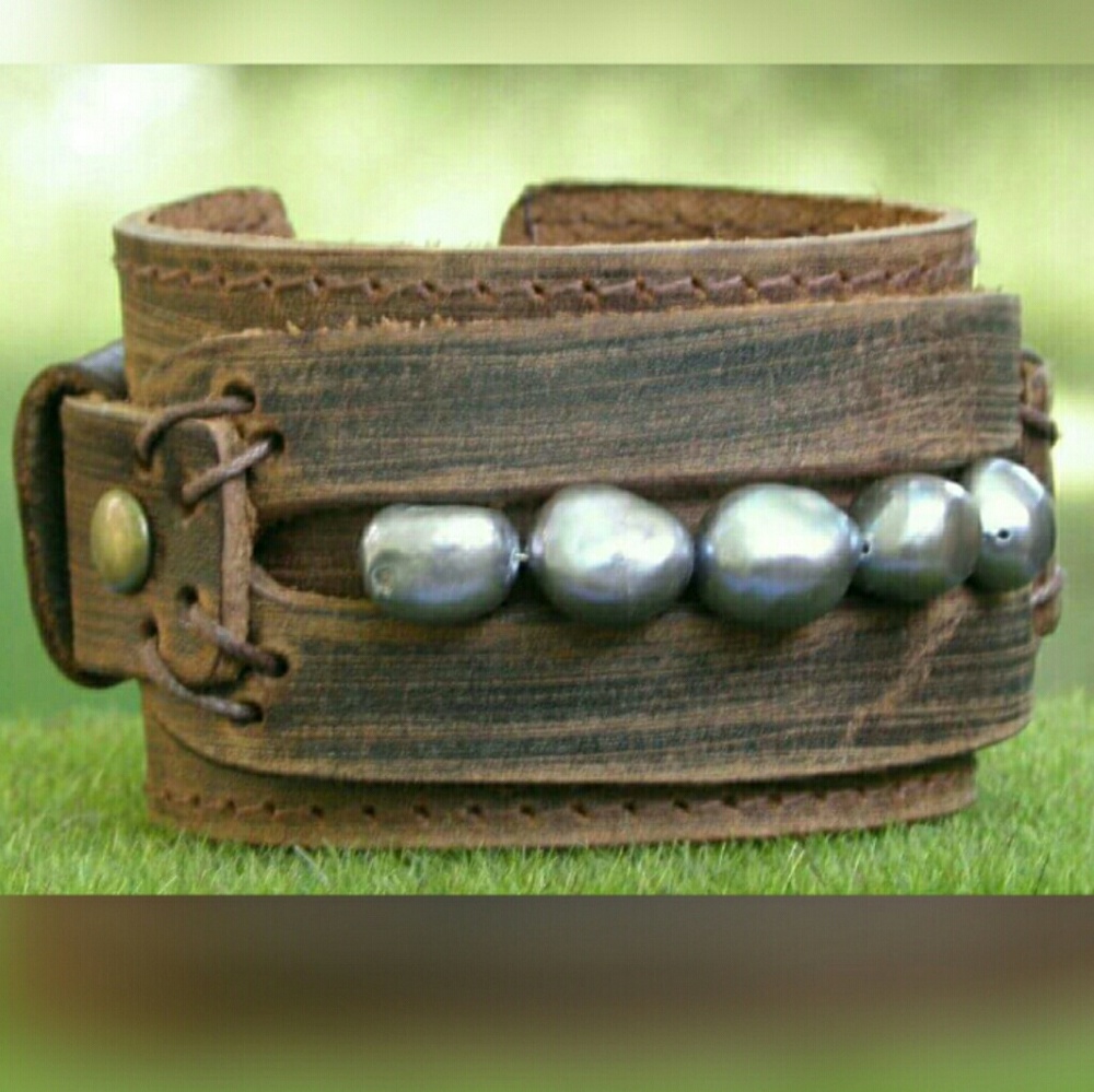 Leather & Pearl Cuff Bracelet